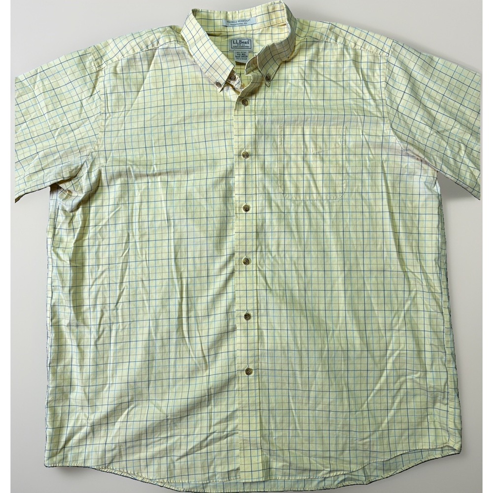 LL Bean 269339 Men XXL Yellow Plaid Short Sleeve Button Up Wrinkle Resist Shirt